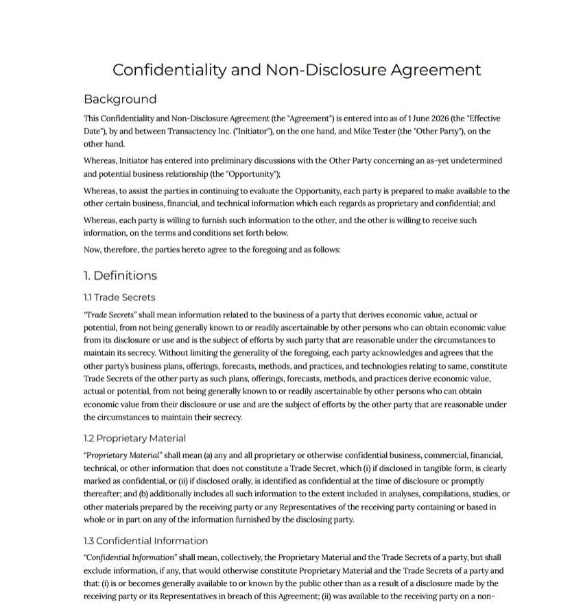 The finished Confidentiality and Non-Disclosure Agreement, generated from the playbook choices.