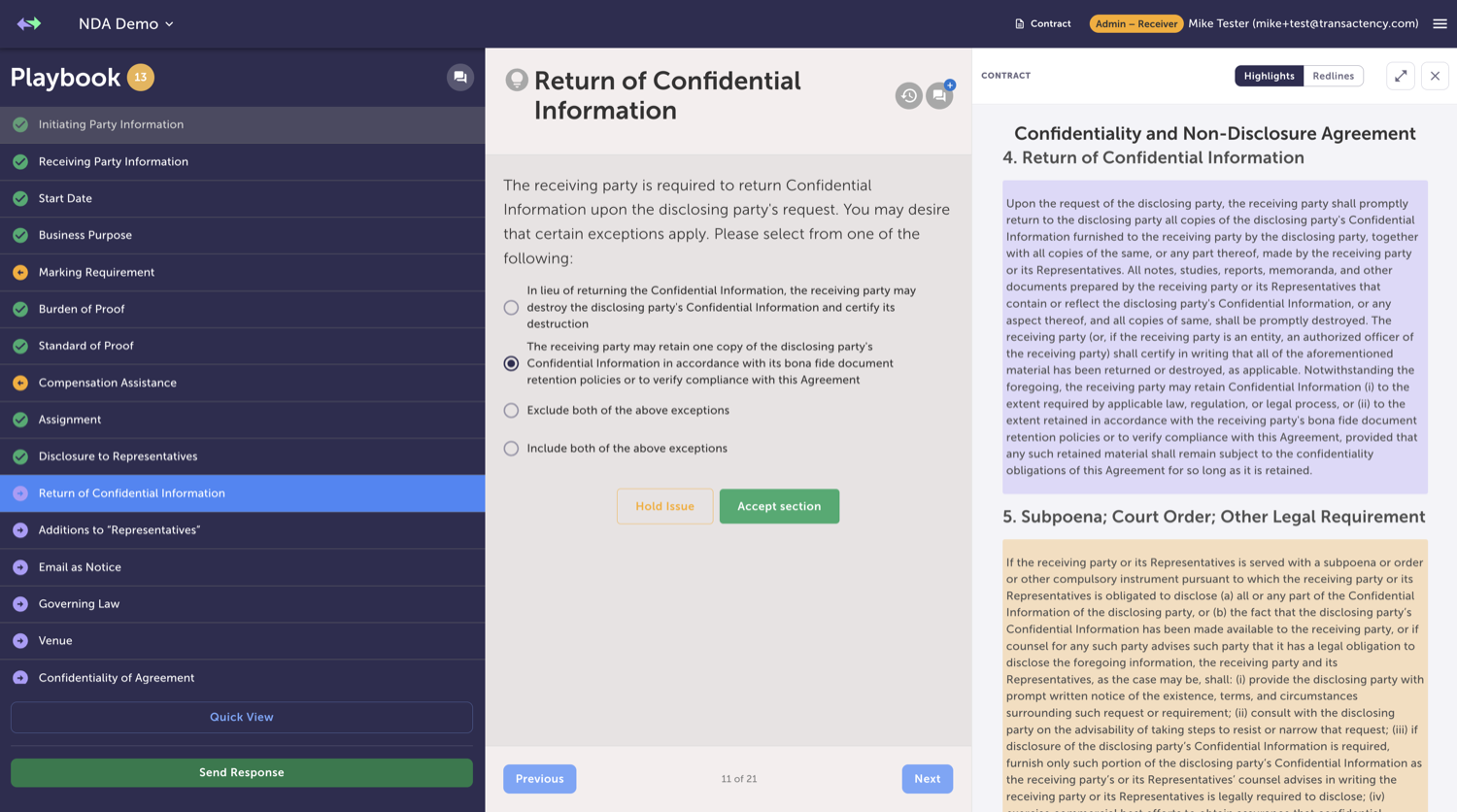 The Transactency negotiation view: the shared playbook, the current term, and the live contract side by side, with accept and hold controls.